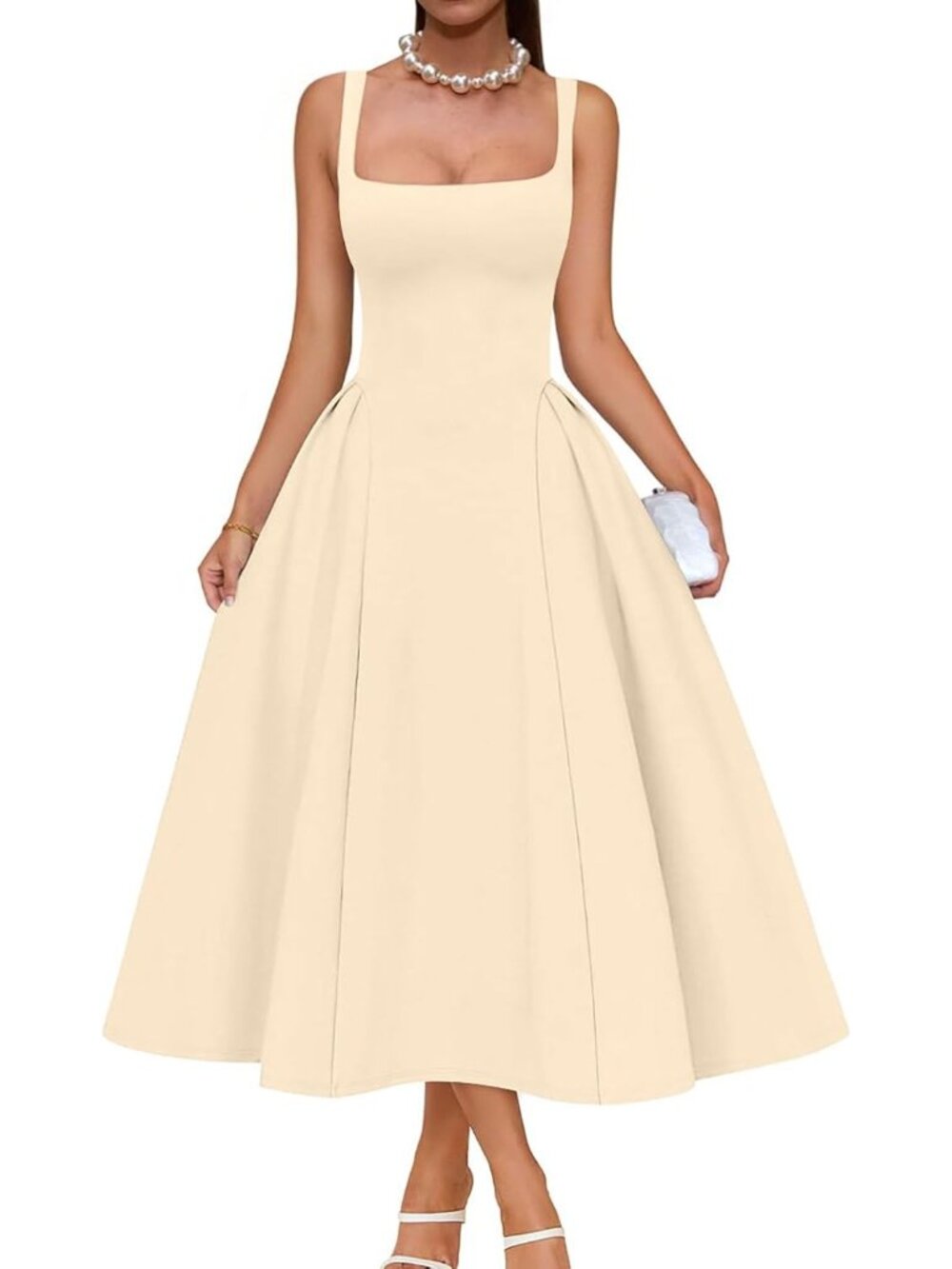 Women's Apricot Swing A Line Square Neck Formal Wedding Guest Party Midi Dress